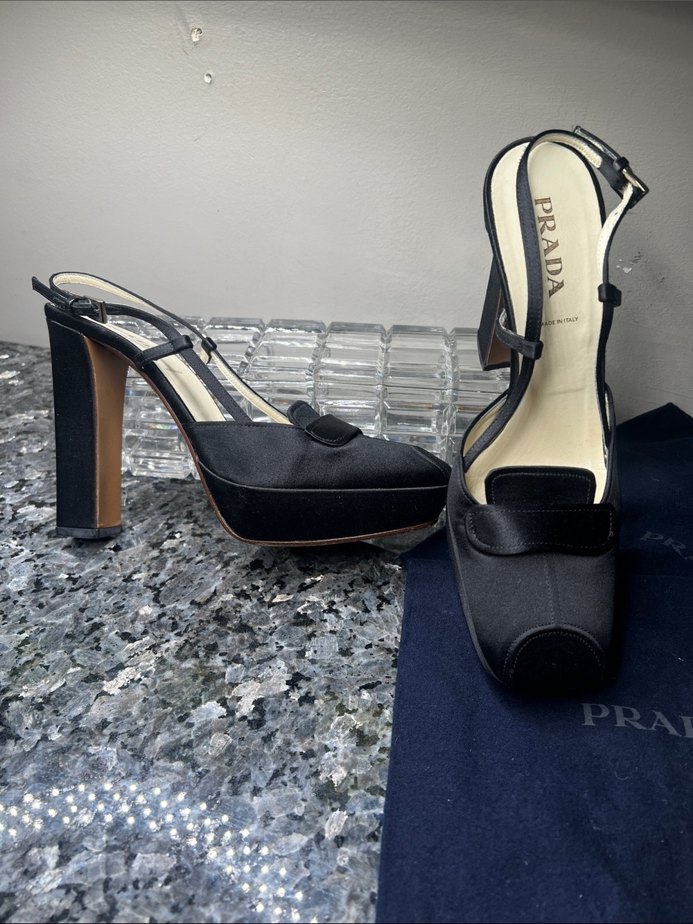 Prada Sz 38 Black Silk 4.5” Wrapped Block Heel Square Toe Heels Shoes